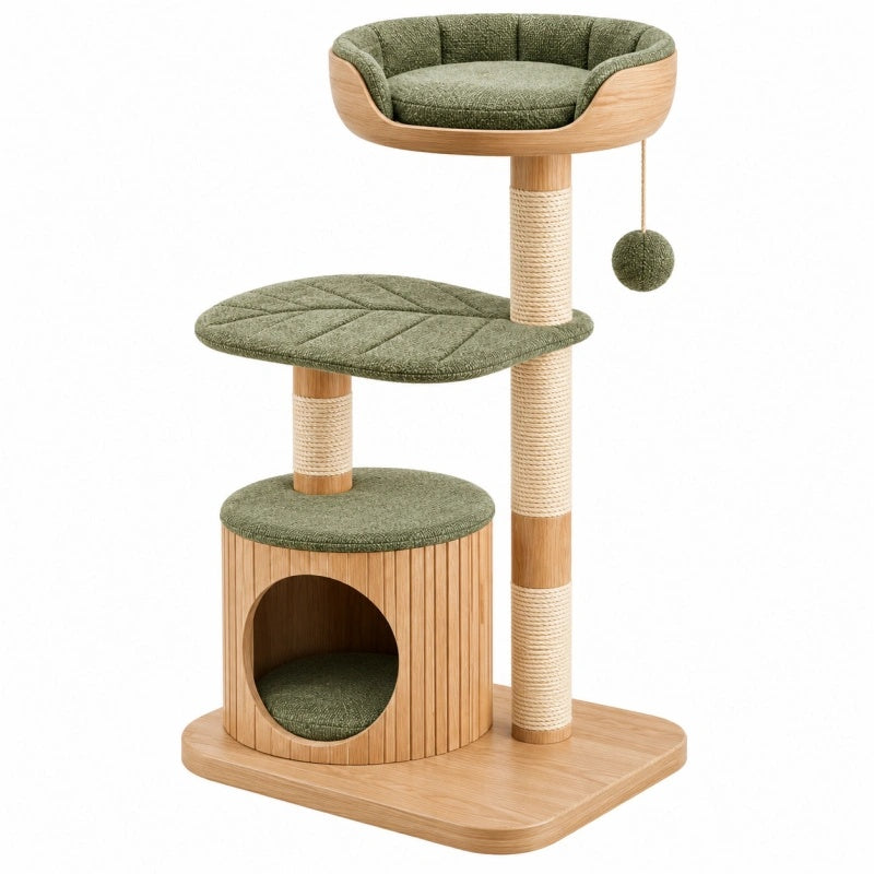 Heller grüner Kratzbaum aus Holz mit Höhle, Liegeflächen und Spielball für Katzen, 60 x 50 x 120 cm, von Candoril