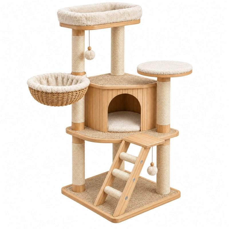 Heller Kratzbaum aus Holz mit Sisal, Katzenhöhle und Plattformen, Maße 60x60x150 cm, für Katzen, beige, von Candoril