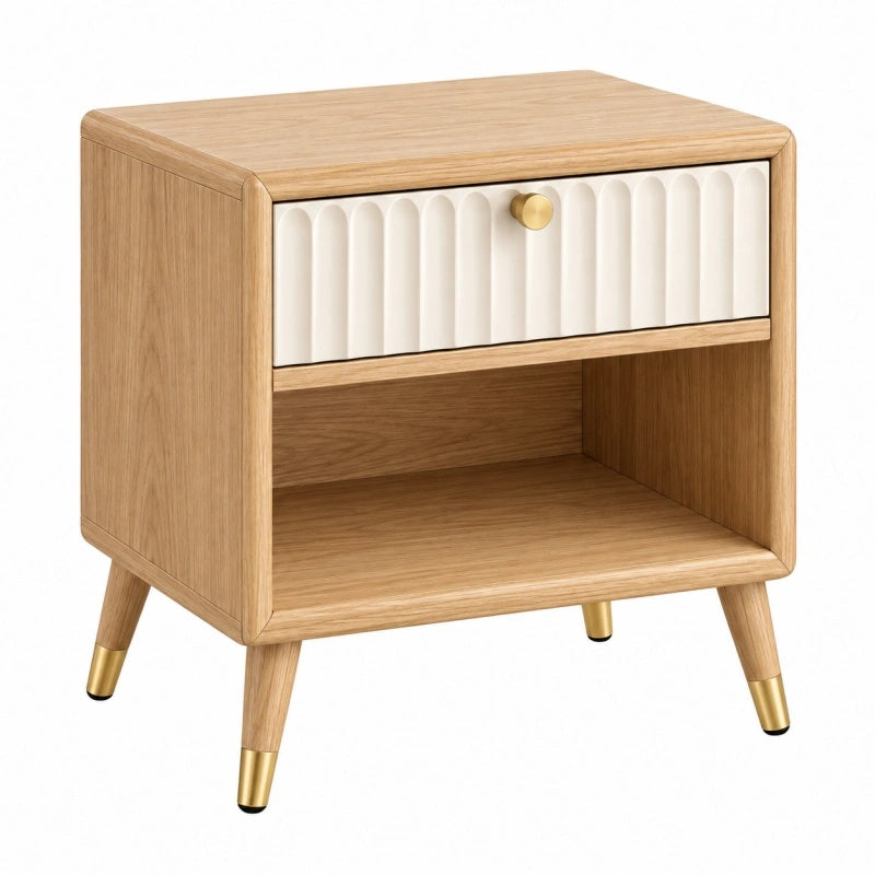 Hölzerner Nachttisch im Mid-Century-Stil, 50x40x60 cm, Naturweiß mit Schublade, Candoril.