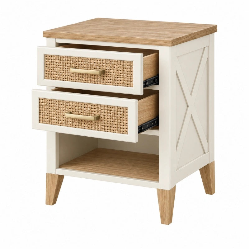 Weiße Nachttisch aus Holzwerkstoff mit Rattanfront, 45x35x65 cm, 2 Schubladen, stilvoller Nachttisch von Candoril