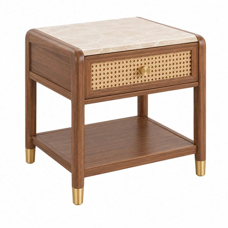 Brauner Nachttisch aus Holzoptik mit Rattangeflecht-Schublade und Ablage, Maße 50x40x60 cm, von Candoril