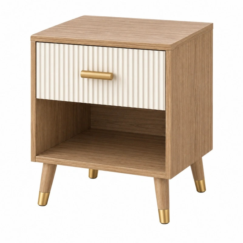 Nachttisch aus Holzwerkstoff in Naturweiß mit Goldakzenten, Schublade und offenem Fach im Retro-Stil, 40x40x55 cm