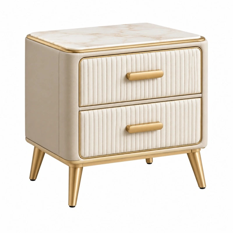 Moderner Nachttisch von Candoril in Creme-Gold mit Kunstlederbezug und zwei Schubladen, Maße 50x40x55 cm
