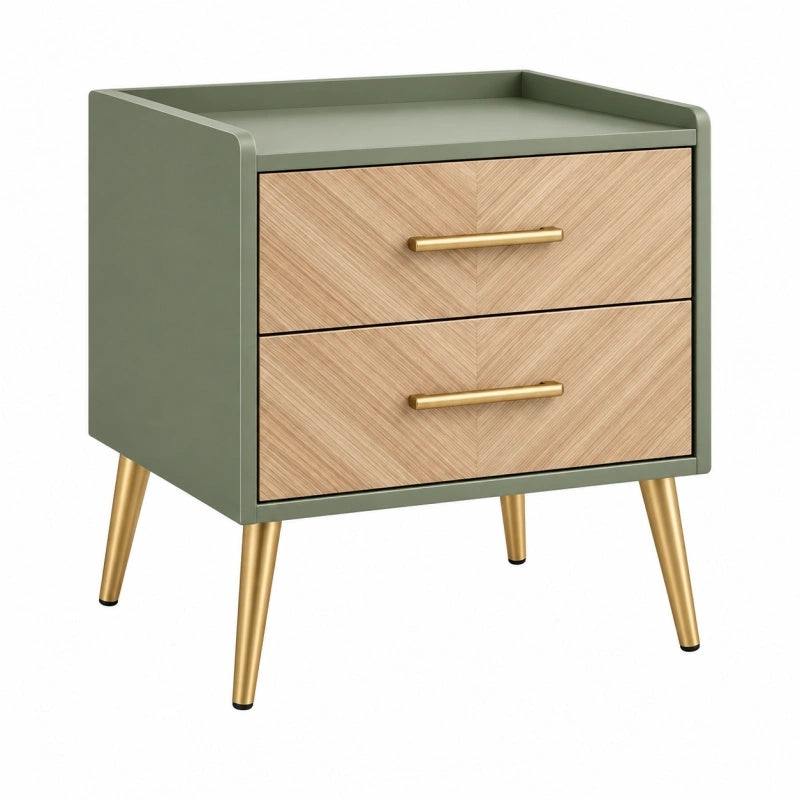 Olivgrüner Nachttisch aus Holzwerkstoff mit zwei Schubladen in Gold, Mid-Century-Stil, Maße 50x40x65 cm, von Candoril