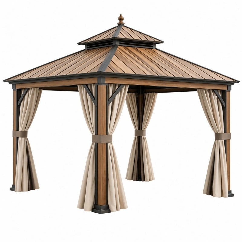 Gartenpavillon 300 x 300 x 300 cm Holz Metall Beige mit Vorhängen