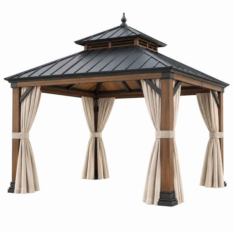 Gartenpavillon 300 x 300 x 300 cm Holz Beige mit Metall-Dach und Vorhängen