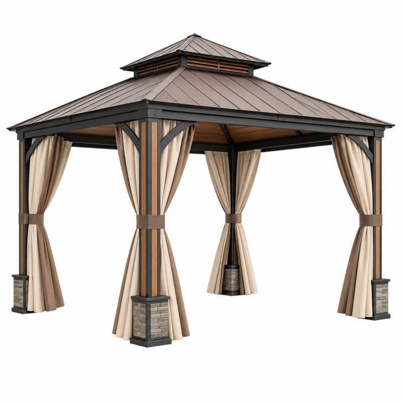 Gartenpavillon 300 x 300 x 300 cm Stahl Beige Braun mit Vorhängen