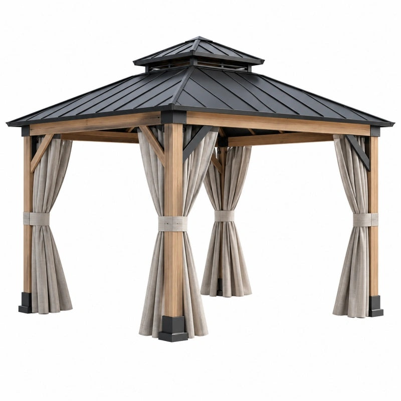 Gartenpavillon 300 x 300 cm Holzoptik mit Stahldach und Vorhängen
