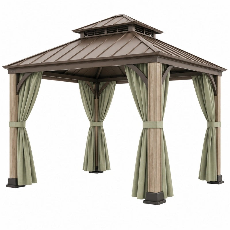 Metall-Pavillon 300x300x290 cm von Candoril mit braunen und grünen Vorhängen für Garten im Außenbereich