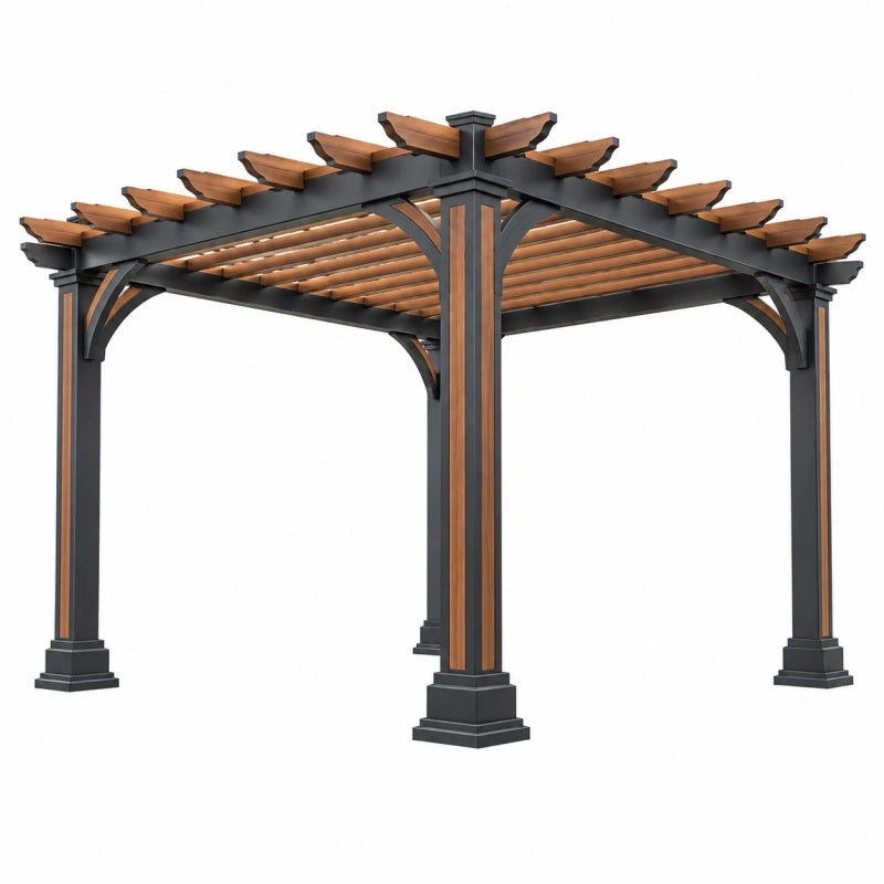 Gartenpergola 300 x 300 x 240 cm aus Metall und Holzoptik Schwarz/Braun mit Lamellendach