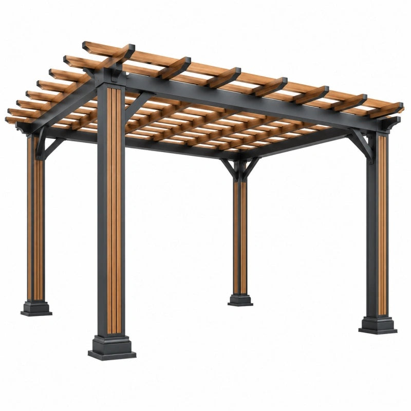 Schwarze und natürliche Metall-Holz-Pergola mit Lamellendach, 300 x 300 x 240 cm, ideal für Garten und Terrasse