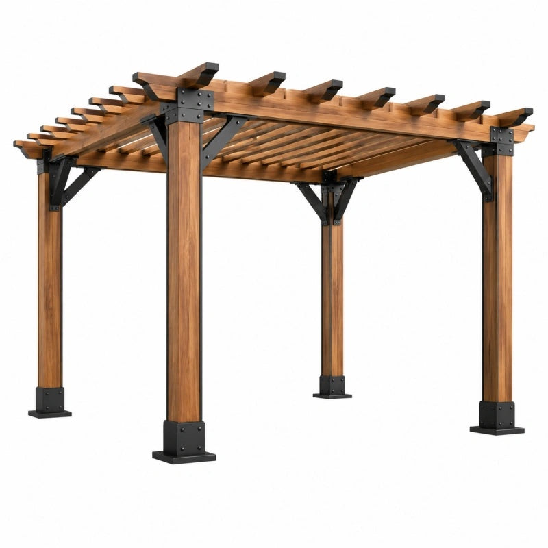 Gartenpergola 300 x 300 x 240 cm aus Holz Braun mit Stahlbeschlägen freistehend
