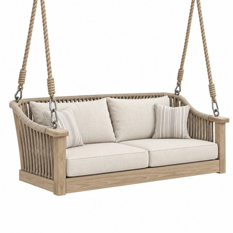 Beige Hängesofa aus Holz und Seil, 170x80x175 cm, Zweisitzer mit Aufhängung, Schaukelbank von Candoril