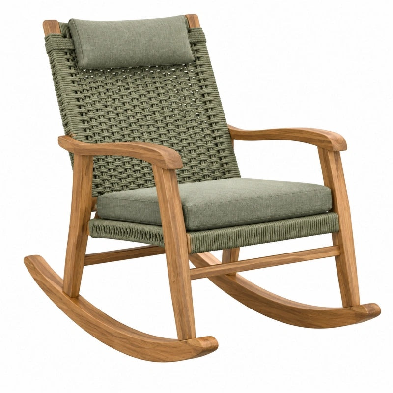 Gartenschaukelstuhl 70 x 95 x 100 cm aus Holz mit grünem Seilgeflecht und Polsterung