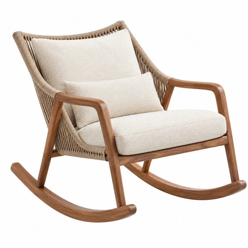 Beiger und brauner Holz-Schaukelstuhl im Boho-Stil von Candoril, mit Kordel, Maße 70x95x95 cm, für Wohnzimmer, gemütliches Design
