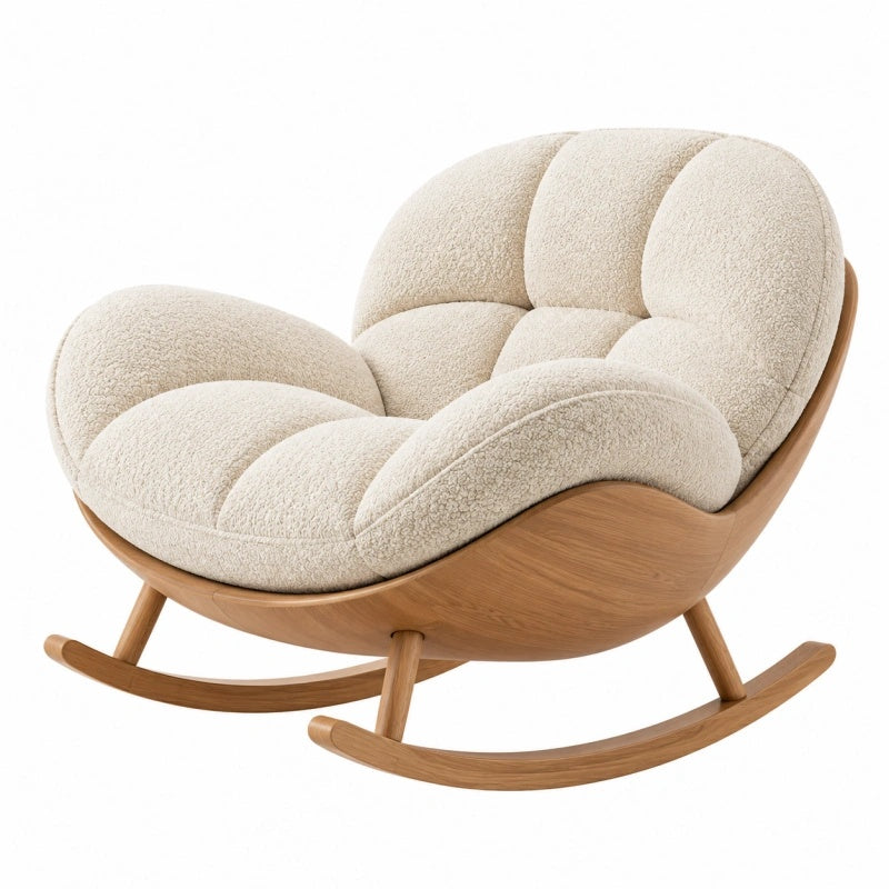 Eleganter Schaukelstuhl von Candoril mit Bouclé-Creme-Bezug und Holzgestell, Maße 100x90x95 cm, bequem und stilvoll.